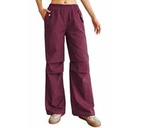 Nuofengkudu Womens Urban Utility Trousers Wide Leg Elasticated Waist 2 Pockets Knee Pleats Windproof Pull on Ladies Work Walking Loose Hiking Pants Young College Outdoor Wine Red XL