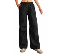 Nuofengkudu Womens Urban Utility Trousers Wide Leg Elasticated Waist 2 Pockets Knee Pleats Windproof Pull on Ladies Work Walking Loose Hiking Pants Young College Outdoor Black L