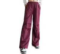 Nuofengkudu Womens Urban Utility Trousers Wide Leg Elasticated Waist 2 Pockets Knee Pleats Windproof Pull on Ladies Work Walking Loose Hiking Pants Young College Outdoor Wine Red M