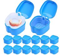 Nuogo 12 Pack Denture Bath Case Bulk Retainer Cleaner Holder with Strainer Basket Dental Orthodontic Box Soaking Cleaning Cup False Teeth Travel Storage Container for Brace Mouth Night Guard Dark Blue