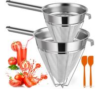 Nuogo 2 Set Stainless Steel Chinois Strainer Fine Mesh Metal Food Bouillon Sieve Strainer Cone Fine Mesh Strainer with Handle and Silicone Spatula for Sauce Jam Jelly Tea(10 Inch+8 Inch)