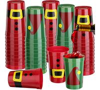 Nuogo 24-Piece Plastic Party Cups - Red & Green, 16 oz, Santa Belt & Elf Hat Style, Holiday Stadium Cups for Christmas Party Supplies, Beer, Coffee, Tea, Home Decoration & Gift Ideas