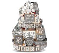 Nuogo 25 Pcs Winter Tiered Tray Decor Wood Rustic Winter Decoration for Home Snowflake Table Shelf Christmas Farmhouse let it Snow Decor Xmas Snowman Signs for Table Holiday