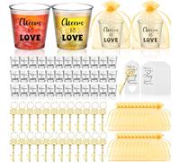 Nuogo 50 Set Wedding Favors for Guests 2.87oz Plastic Cheer to Love Glasses Skeleton Key Bottle Openers with Organza Bags for Wedding Gifts Bridesmaid Bridal Shower Party(Gold)