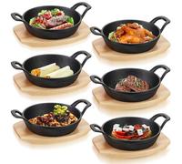 Nuogo 6 Sets Mini Cast Iron Skillet Plates With Wooden Base - Small Round Pan, Fajita Plate, Pot for Cooking, Christmas Party (4.9 Inches)
