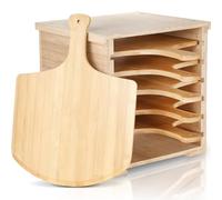 Nuogo 7 Pcs Wood Pizza Peel Rack Bamboo Boards Set Includes 6 Pcs 12 Inch Pizza Paddle Rack Stand for Making Baking Serving Bread Pie Fruit Kitchen Oven Accessories
