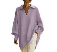Nuoke Women’s Oversized Pullover Jumper with Collared V Neck, Batwing Long Sleeves, Ribbed Cuffs and Hem, Loose Knitwear Tunic Top for Casual Layering