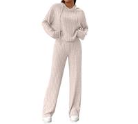 Nuoke Women's Autumn Casual Knitted Long Sleeved Set Hooded Sweatshirt and Loose Pants Two Piece Set Denim Pant Suits for Women