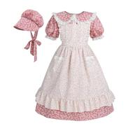 Nuoqi Girls Colonial Costume Prairie Pioneer Dress Laura Ingalls Wilder Costume with Apron, Pink, 10-12 Years