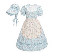 Nuoqi Meadow Dresses for Girls, Pioneer Green Colonial Costume with Apron, Blue, L