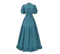 Nuoqi Victorian Dress Women 1800s Edwardian Dress Short Sleeve High Neck Renaissance Costume, Blue, Small