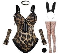Nuoqi Womens Bunny Costume Set Leopard Print Bunny Bodysuit for Sexy Cosplay Adult, Brown, Large