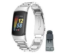 nuosiweilang Metal Replacement Strap Compatible with Fitbit Charge 5 Strap,Adjustable Stainless Steel Watch Band Wirstband for Women Man,Small Large,Silver