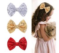 NUOSYI 3PCS Sparkly Sequin Hair Bows, Large Size, 3-Pack Set in Silver, Gold and Red (Mixed, One Size)