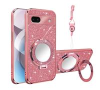 Nuouxoco Phone Case for Google Pixel 6A with Ring Holder Kickstand [Mirror & Lanyard], Women Girls Plating Bling Clear Soft Shockproof Cover Magnetic Case for Google Pixel 6A, Rose Gold