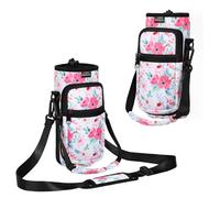 Nuovoware Magnetic Gym Bag, 25oz/32oz Water Bottle Carrier Holder, Adjustable Shoulder Strap 2 Pocket Sports Sling Neoprene Sleeve for Hiking Travelling Camping, Floral Pink
