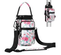 Nuovoware Magnetic Gym Bag Water Bottle Carrier Holder with Adjustable Shoulder Strap, 1000ml Magnets Magnetic Gym Bag Bottle Pouch Sling, 2 Pocket Sling Neoprene Organizer Sleeve, Floral Pink