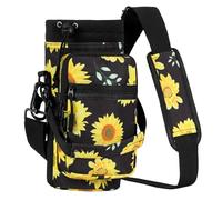 Nuovoware Water Bottle Carrier, 1000ml Bottle Carrier Sports Water Bottle Holder with Adjustable Shoulder Strap, 2 Pockets Flask Sling Bag Drawstring Pouch for Climbing Hiking, Black with Sunflower
