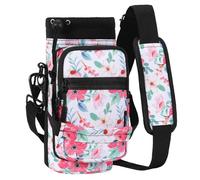 Nuovoware Water Bottle Carrier, 1000ml Bottle Carrier Sports Water Bottle Holder with Adjustable Shoulder Strap, 2 Pockets Flask Sling Bag Drawstring Pouch for Climbing Hiking, Floral Pink