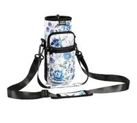 Nuovoware Water Bottle Carrier Bag, 1000ml Bottle Pouch Holder, Adjustable Shoulder Hand Strap 2 Pocket Sling Neoprene Sleeve Sports Accessories for Hiking Travelling, White Blue Floral