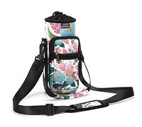 Nuovoware Water Bottle Carrier Bag, 25oz Bottle Pouch Holder, Adjustable Shoulder Hand Strap 2 Pocket Sling Neoprene Sleeve Sports Accessories for Hiking Travelling Camping, Rosebush pink