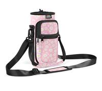 Nuovoware Water Bottle Carrier Bag, 750ml Bottle Pouch Holder, Adjustable Shoulder Hand Strap 2 Pocket Sling Neoprene Sleeve Sports Accessories for Hiking Travelling, PinkDaisy