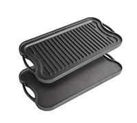 nuovva Cast Iron Griddle Pan for Gas Hob and BBQ Griddle pan Double Sided Pre-Seasoned, Grill Tray, for Healthy and Delicious Cooking, Flat and Ridged Surfaces 50 x 25cm