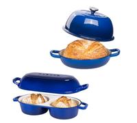 Nuovva Dual Loaf Cast Iron Pan & Dark Blue Enamel Dutch Oven - Bake Two Loaves Simultaneously, Oven-Safe, Non-Stick