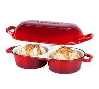 nuovva Dutch Oven for Sourdough Bread Baking - Enamelled Cast Iron Bread Loaf Pot - 500°F Oven Safe Non Stick Bread Pot - Double Round Loaf Space, 16.5cm Diameter, Red