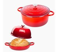 Nuovva Enamelled Cast Iron Bread Baking Bundle - 5 Qt Dutch Oven & Bread Pot with Lid - Red