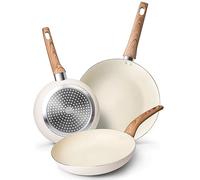 nuovva Induction Hob Pan Set - 3pcs Non Stick Frying Pan - Kitchen Cookware Nonstick - Cream Granite, 20cm, 24cm & 28cm Frying Pans Set