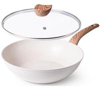 nuovva Induction Non Stick Wok Pan - Deep Stir Fry Pan with Glass Lid - 28cm Cream Frying Pan with Induction Base