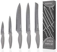 nuovva Professional Kitchen Knife Set - 5Pcs Stainless Steel Grey Granite Knife Set - Sharp & Non Stick Blades Lightweight - Chef, Bread, Utility, Filleting & Paring Tools