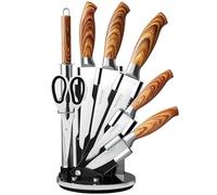 Nuovva Sharp Kitchen Knife Set - 7Pcs Stainless Steel Blades with Wooden Style Handles - 360° Rotating Acrylic Knives Block Set with Sharpener - Chef, Bread, Utility, Scissors, Paring & Carving Tools