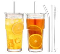Nuoyiman 2 Pack Iced Glass Cups, 20 oz Vertical Lines Glass Coffee Cup with Leakproof Lid & Reusable Straw, 600ML Large Glass Cups Tumblers, Ideal for Iced Coffee, Smoothies, Cocktails and Juices