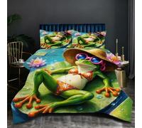 Nuphtun Comforter Set Super King Bed 2.7kg | Green Frog, 3D Printed Reversible Duvet 260x240, 2 Pillowcases, 200GSM Cotton Fill, Use as Duvet, Quilt or Throw, Microfiber Comfort O136