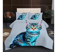 Nuphtun Duvet Set Single with 2 Pillowcases | Animal Cat, 3D Printed Quilted Comforter with 2 Pillowcases, 200GSM Natural Cotton Fill, Ultra-Soft Microfiber, All Seasons Bedding A339