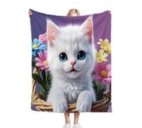 Nuphtun Kids Throw Blankets 100x130 White Cat, Microfibre Flannel Throw 100x130 cm | Ultra-Soft, Machine Washable, Perfect as a Sofa Throw, Office Blanket or for Travel M236-