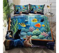 Nuphtun King Bedspread Set Blue Fish Tank, Anti-Wrinkle Microfibre King Duvet Cover for Bedroom, Comfy Smooth Bedding Set for Holiday Birthday + 2 Pillowcases 50x75 cm,AQ9454