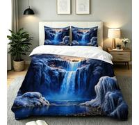 Nuphtun King Bedspread Set Blue Waterfall, Anti-Wrinkle Microfibre King Duvet Cover for Bedroom, Comfy Smooth Bedding Set for Holiday Birthday + 2 Pillowcases 50x75 cm, AW9136