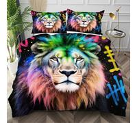 Nuphtun King Quilt Cover Colourful Lions, Luxury Microfiber King Bedspread Set with Four Corner Ties, Bedding Set for Your Family Friends + 2 Pillowcases 50x75 cm,AQ8039