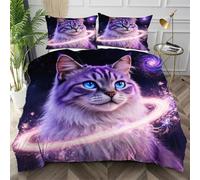 Nuphtun King Quilt Cover Purple Cat, Luxury Microfiber King Bedspread Set with Four Corner Ties, Bedding Set for Your Family Friends + 2 Pillowcases 50x75 cm,AW965