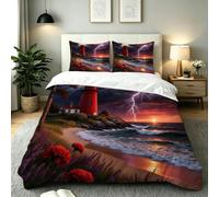Nuphtun King Quilt Cover Red Lighthouse, Luxury Microfiber King Bedspread Set with Four Corner Ties, Bedding Set for Your Family Friends + 2 Pillowcases 50x75 cm, AE833