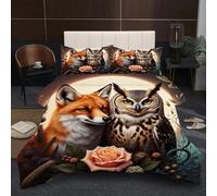 Nuphtun Super King Size Bedding Set | Fox Owl, 3D Printed Duvet Insert, 2 Pillowcases, 200GSM Cotton Filled Comforter, Breathable Microfiber, Hotel Luxury Style, Machine Washable B387