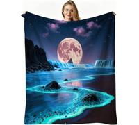 Nuphtun Throw Blanket Double Size Blue Beach, 3D Flannel Blanket 60x80 Inch | Large Sharing Throw for Double Bed & Couch, Full Coverage Warmth, Versatile Home Decor, AW4619