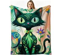 Nuphtun Throw Blankets Single Size Green Cat, Microfibre Flannel Blanket 50x60 Inches | Ideal Single Bed Blankets, All-Season Warmth, Skin-Friendly for Restful Sleep, AW2260