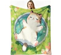 Nuphtun Throw Blankets Single Size Green Cat, Microfibre Flannel Blanket 50x60 Inches | Ideal Single Bed Blankets, All-Season Warmth, Skin-Friendly for Restful Sleep, AW2200