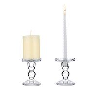 NUPTIO 2 Pcs Clear Glass Pillar Taper Candle Holder, 11.5cm Height Dual Uses Candlestick Stand for Pillar or Taper Candlesticks, Christmas Candle Holder Decorations for Wedding Party Halloween