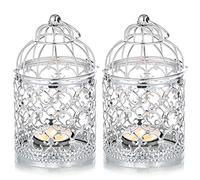 Nuptio 2 Pcs Decorative Candle Lanterns Bird Cage Metal Hollow Out Decorative Birdcage Iron Christmas Candle Holder Hanging Lantern, Silver Tea Light Lantern Holders for Wedding Party Halloween