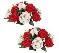 NUPTIO 2 Pcs Fake Flower Ball Arrangement Bouquet,15 Heads Plastic Roses with Base, Suitable for Our Store's Wedding Centerpiece Flower Rack Parties Valentine's Day Home Décor (Red & White)
